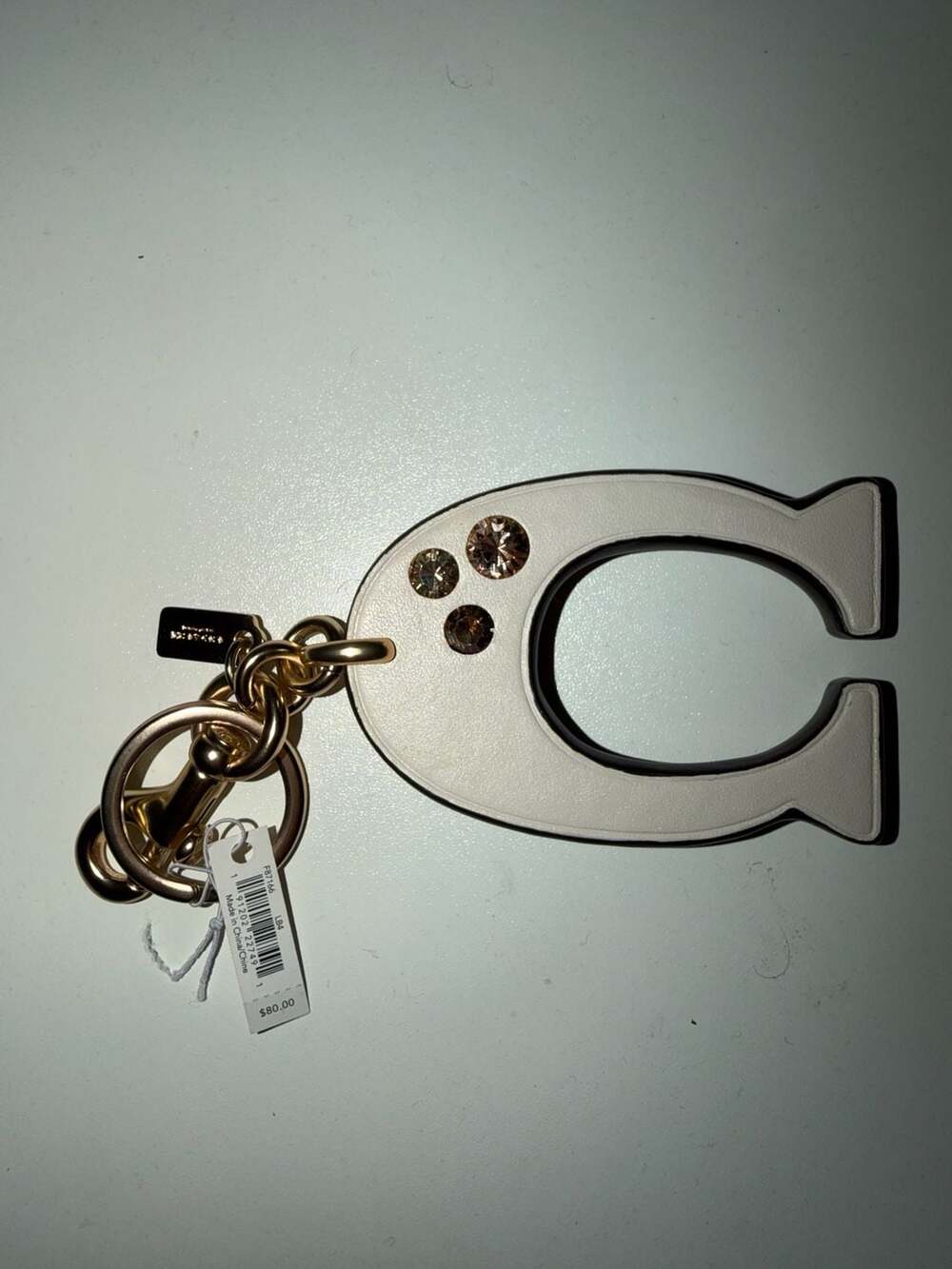 Coach Signature C Crystal Bag Charm Key Chain White Leather Gold Tone